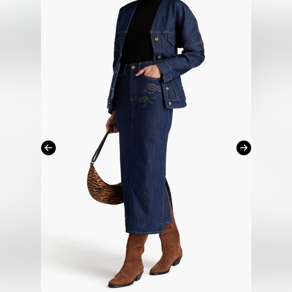 NWOT Ganni Appliquéd Floral-Embroidered Mid-Rise Stretch-Organic Denim MaxiSkirt - Picture 14 of 17